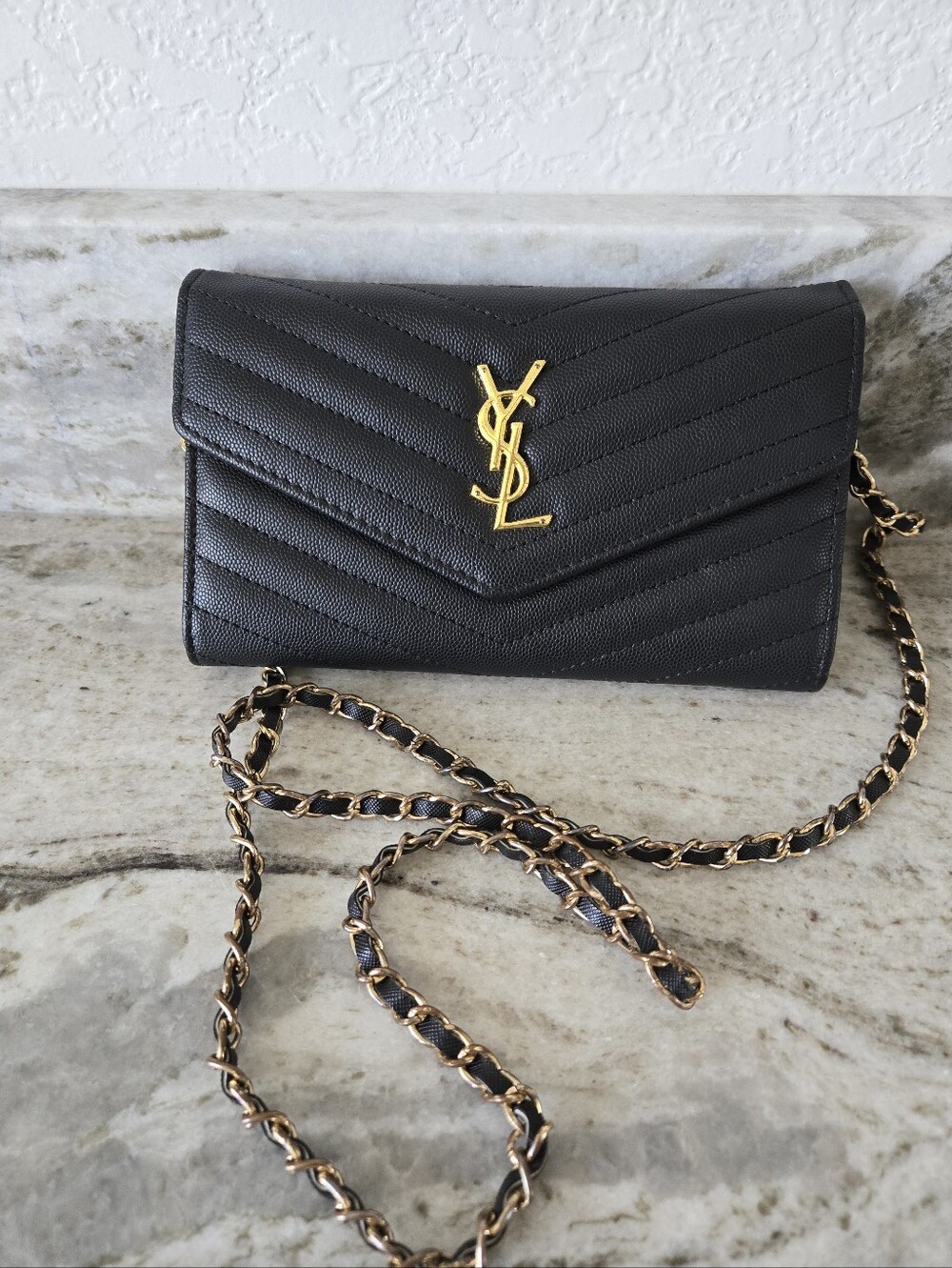 Saint Laurent Black Chevron Quilted Leather WOC Crossbody with Gold YSL